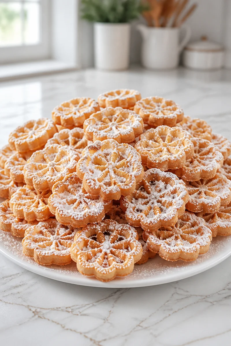 Classic crispy rosette cookies decorated for Christmas