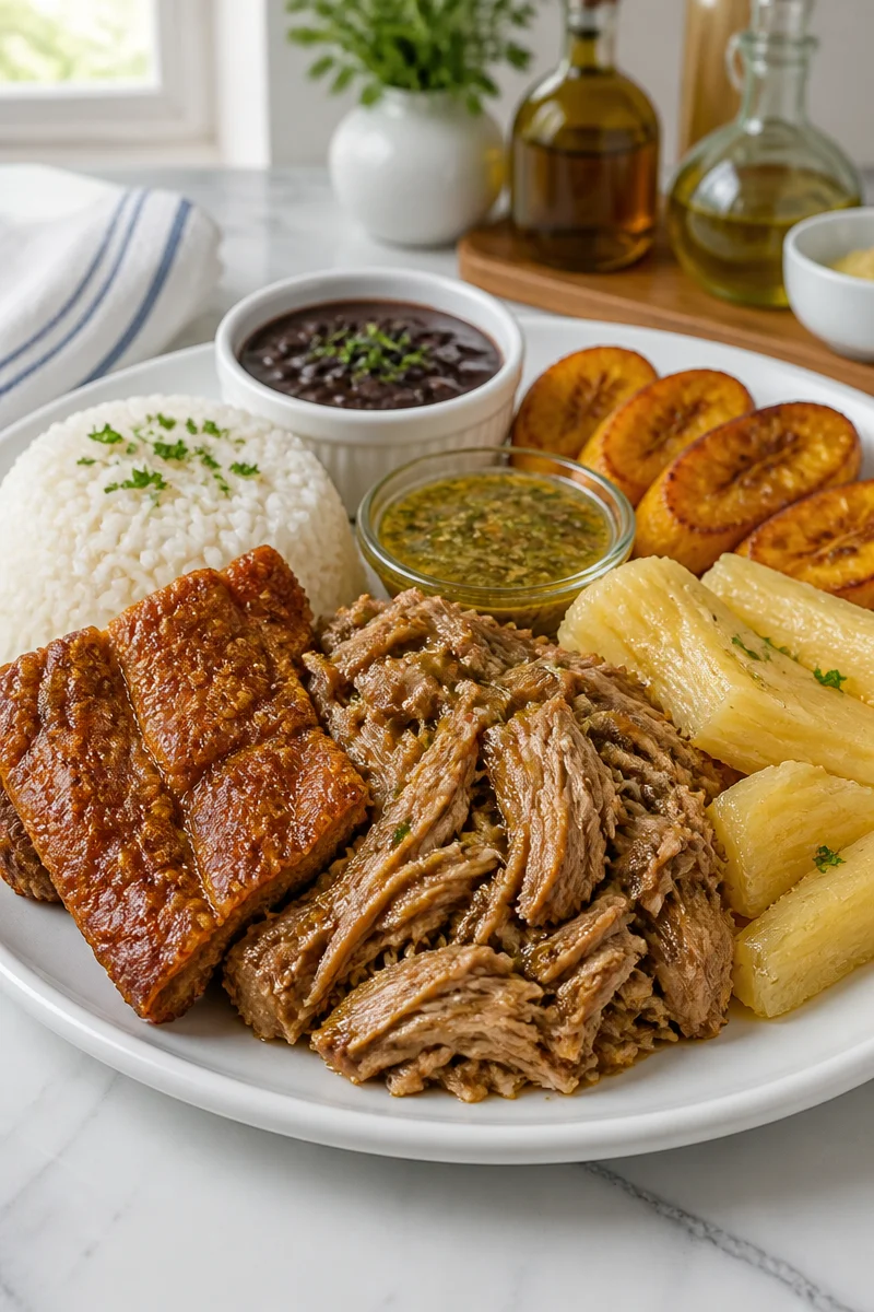 Deliciously spiced classic Cuban mojo roast pork served with sides