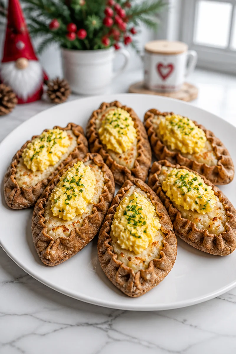 Classic Finnish Karelian Pie served for Christmas breakfast