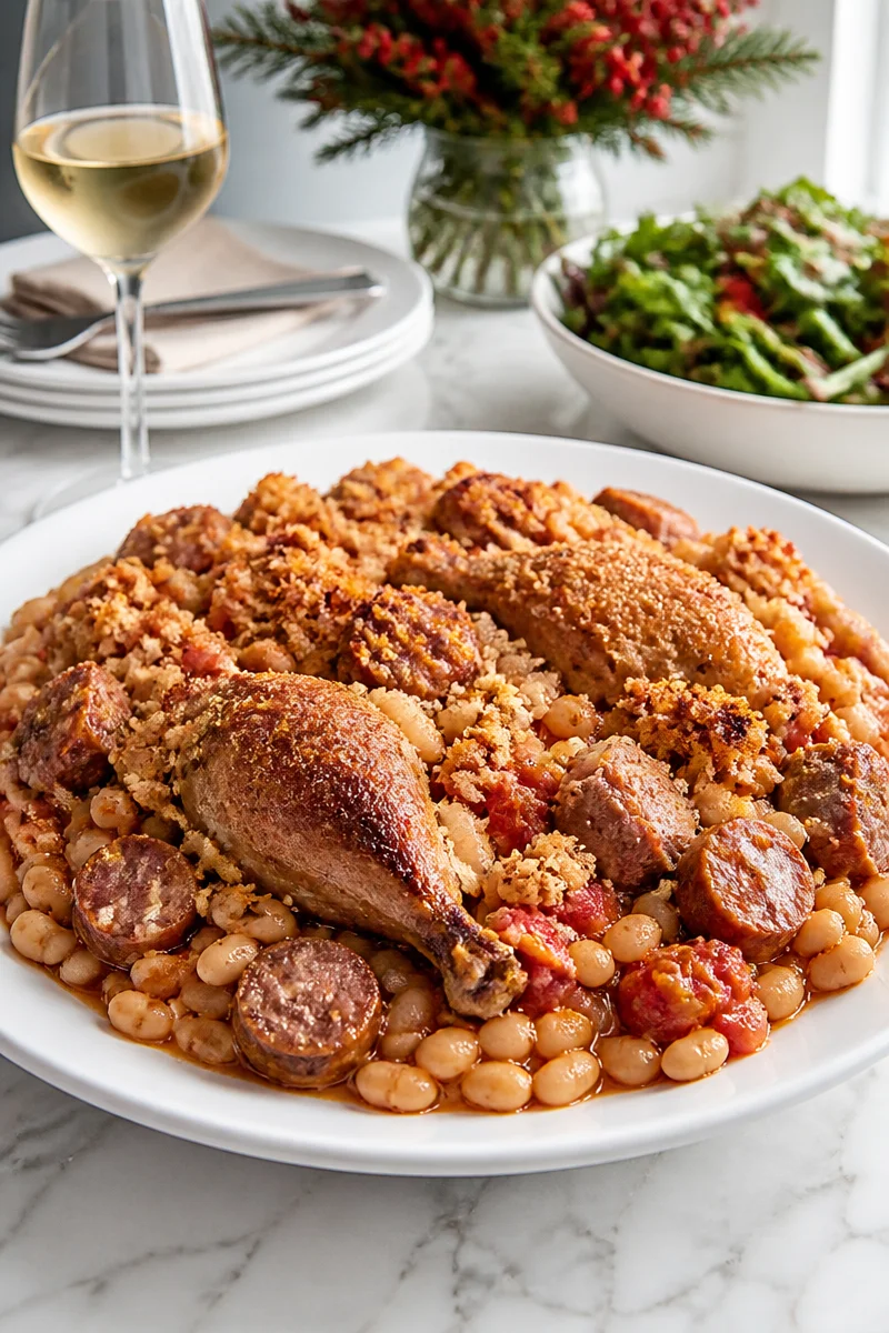 A delicious serving of classic French cassoulet on a holiday dinner table.