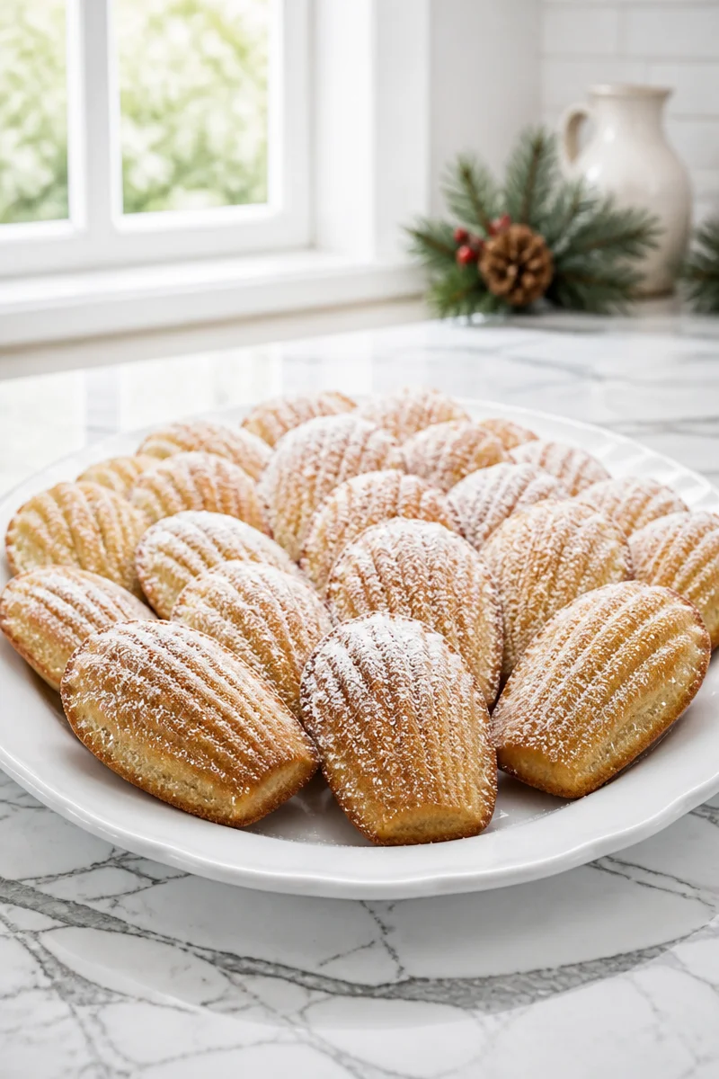 Classic French Madeleine cookies on a festive holiday plate