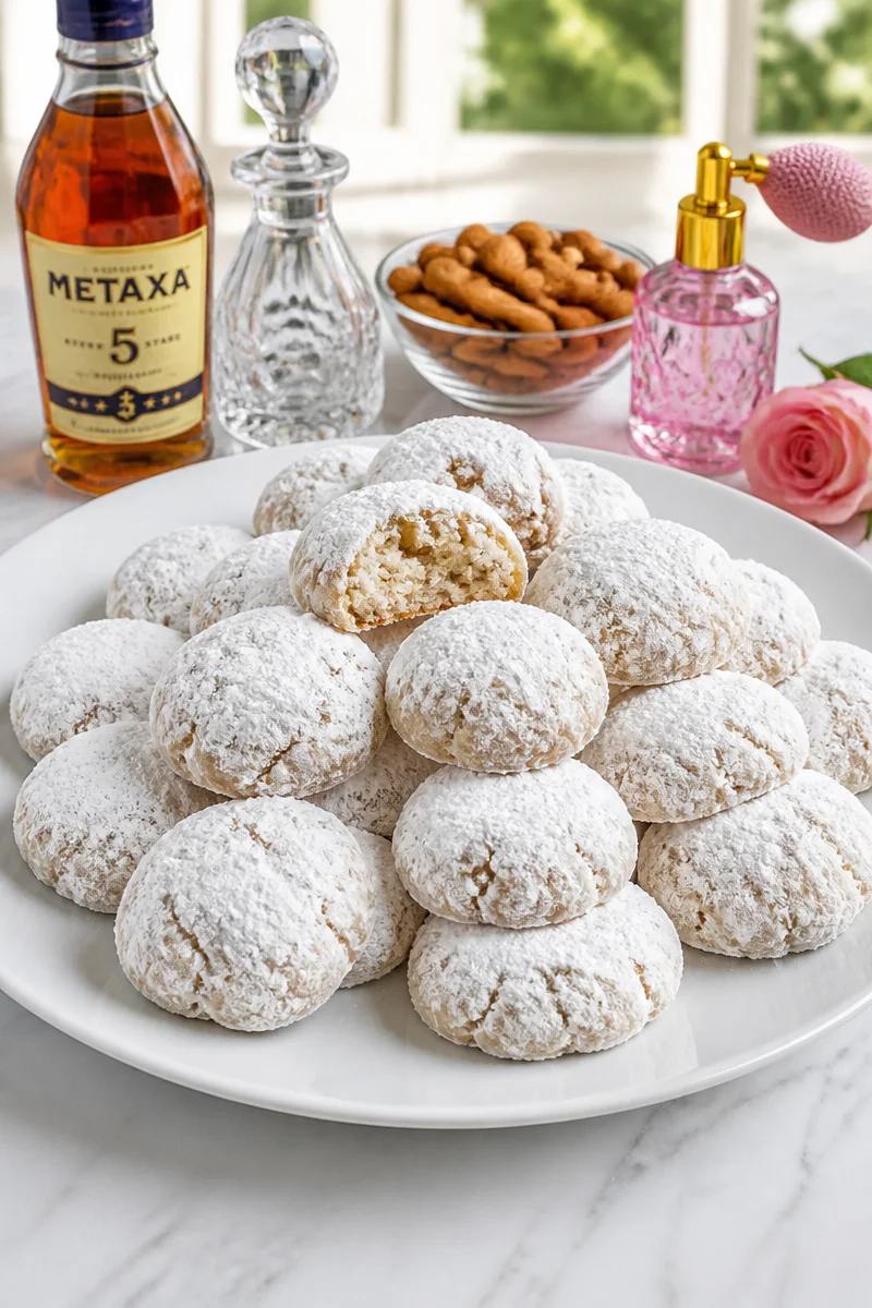 Classic Greek Kourabiedes cookies dusted with powdered sugar for Christmas.
