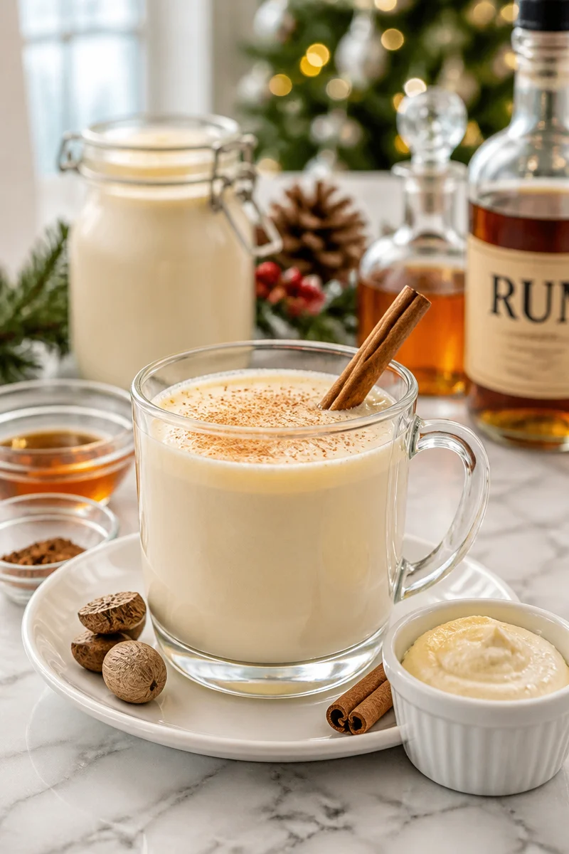 Classic Holiday Tom And Jerry Cocktail topped with nutmeg and cinnamon