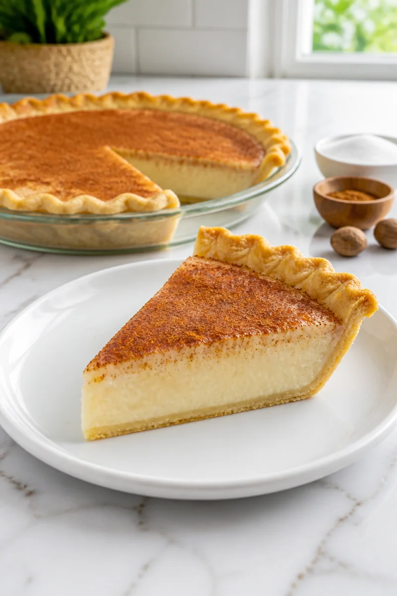 Slice of classic Hoosier sugar cream pie on a rustic plate