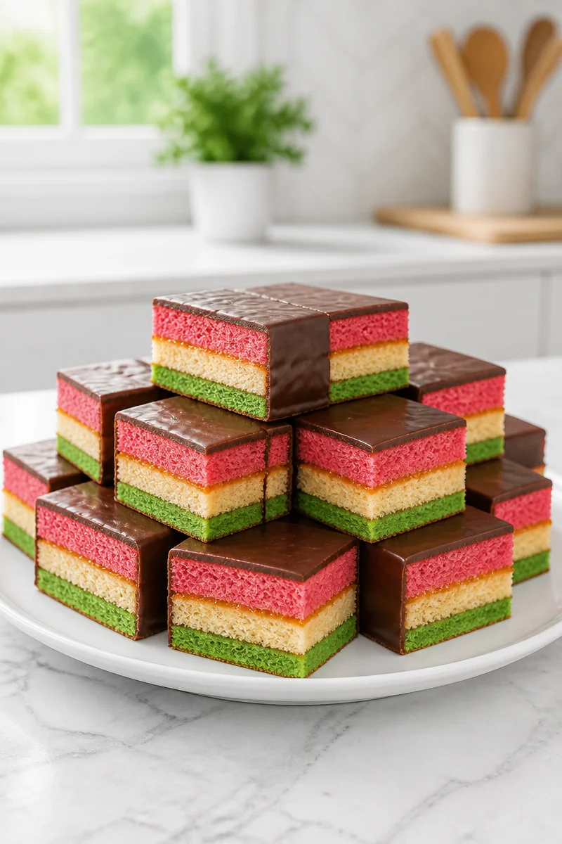 Delicious classic Italian rainbow cookie bars with colorful layers and chocolate.