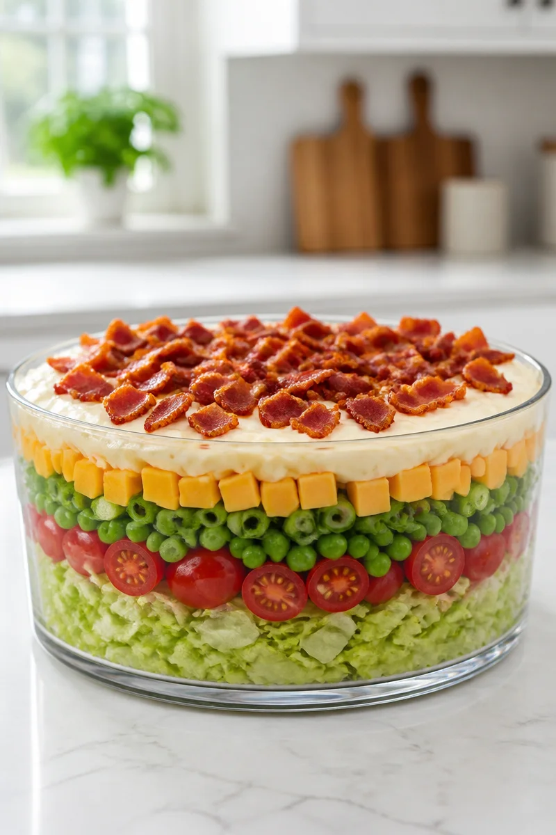 Classic Layered Pea Salad served in a bowl, colorful and appetizing.