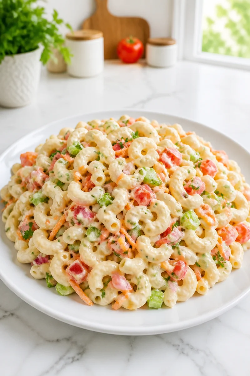 Delicious classic macaroni salad served as a holiday side dish