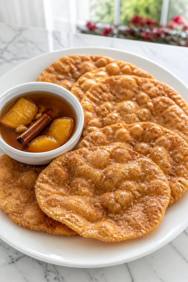 Crispy and sweet Classic Mexican Bunuelo Christmas dessert on a plate.