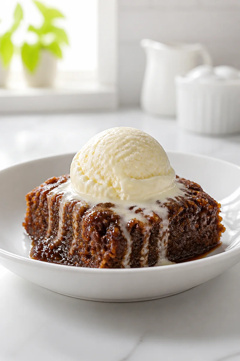 Delicious classic New England Indian pudding dessert served warm