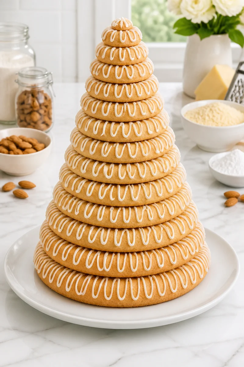 Classic Norwegian Kransekake, a delicious almond ring cake for special occasions.