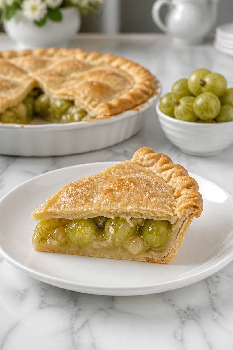 Slice of classic old fashioned gooseberry pie with a golden crust