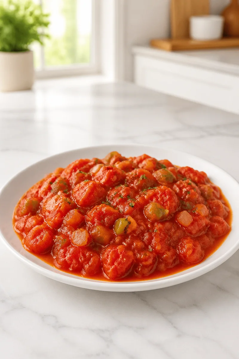 Delicious classic old fashioned stewed tomatoes served as a side dish.