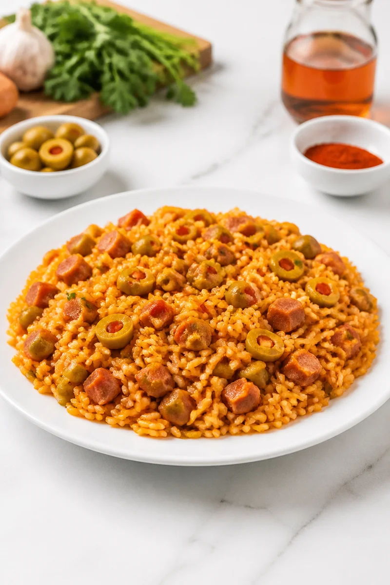 Plate of Classic Puerto Rican Arroz Con Gandules with spices and pigeon peas