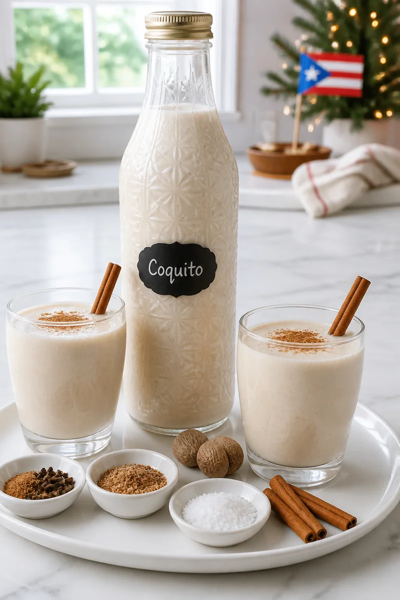 A glass of classic Puerto Rican Coquito holiday drink, garnished with cinnamon.