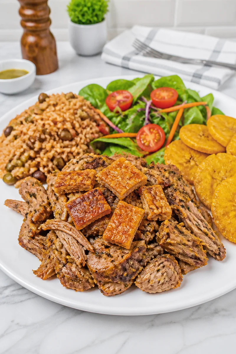 Delicious Puerto Rican Pernil served for Christmas dinner.