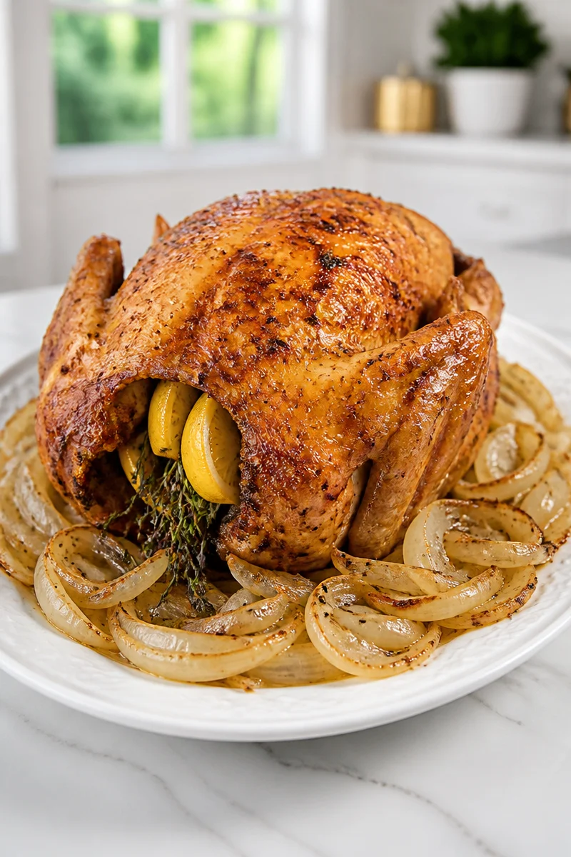 Classic roasted capon served for a festive Christmas dinner