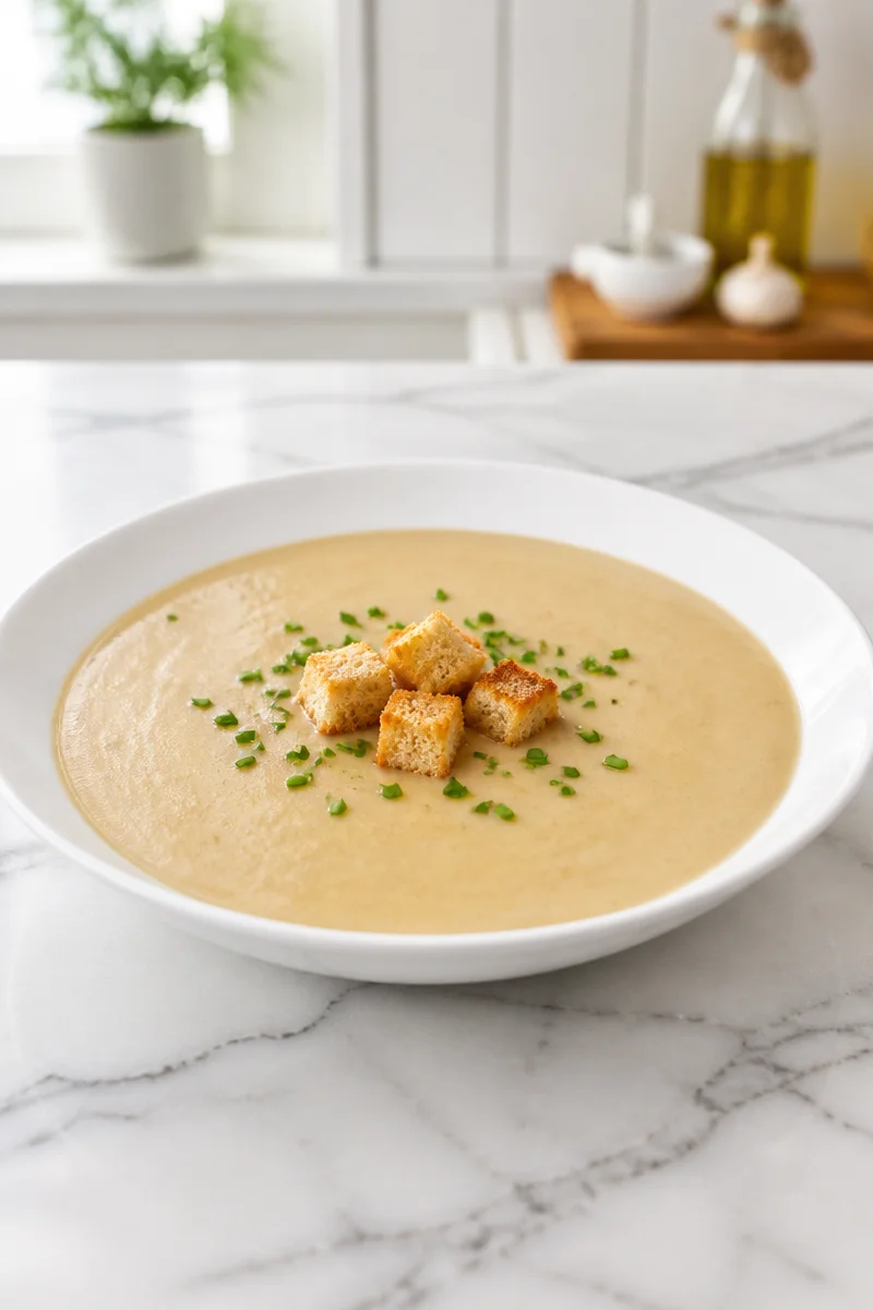 Delicious classic roasted chestnut soup served in a rustic bowl