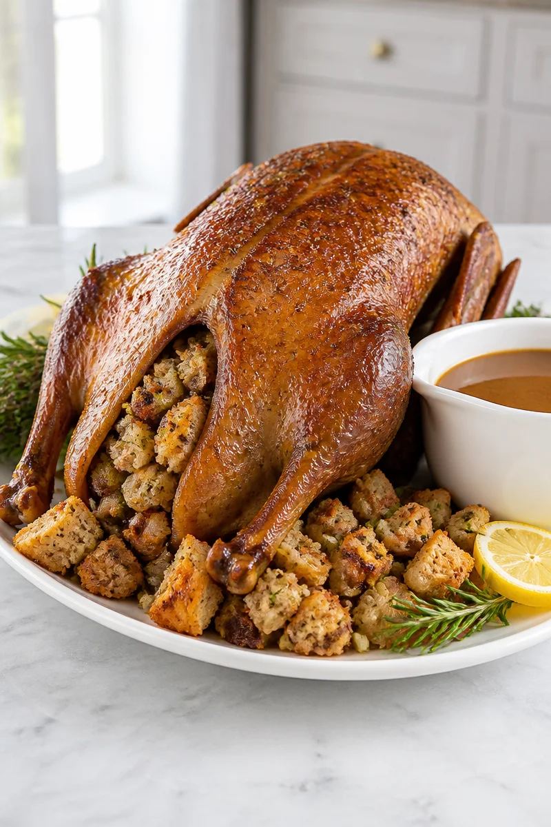 Classic roasted goose served with flavorful herb stuffing