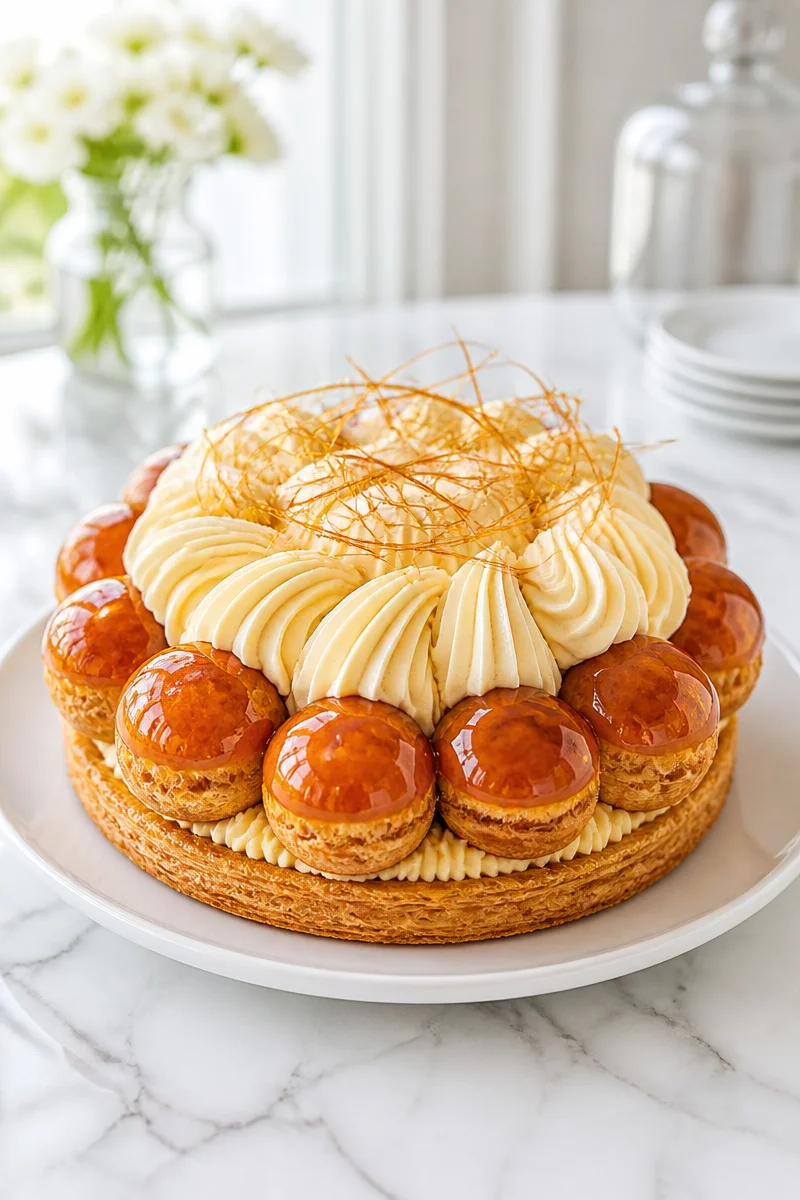 Classic Saint Honoré Cake topped with caramel and puff pastry for a delicious treat.