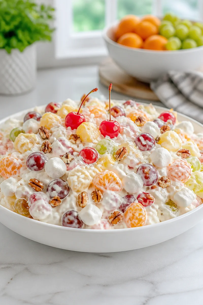 Bowl of Classic Southern Ambrosia Fruit Salad with mixed fruits and marshmallows
