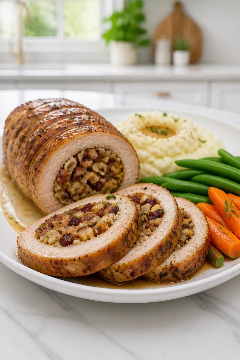 Classic stuffed pork loin roast served with sides