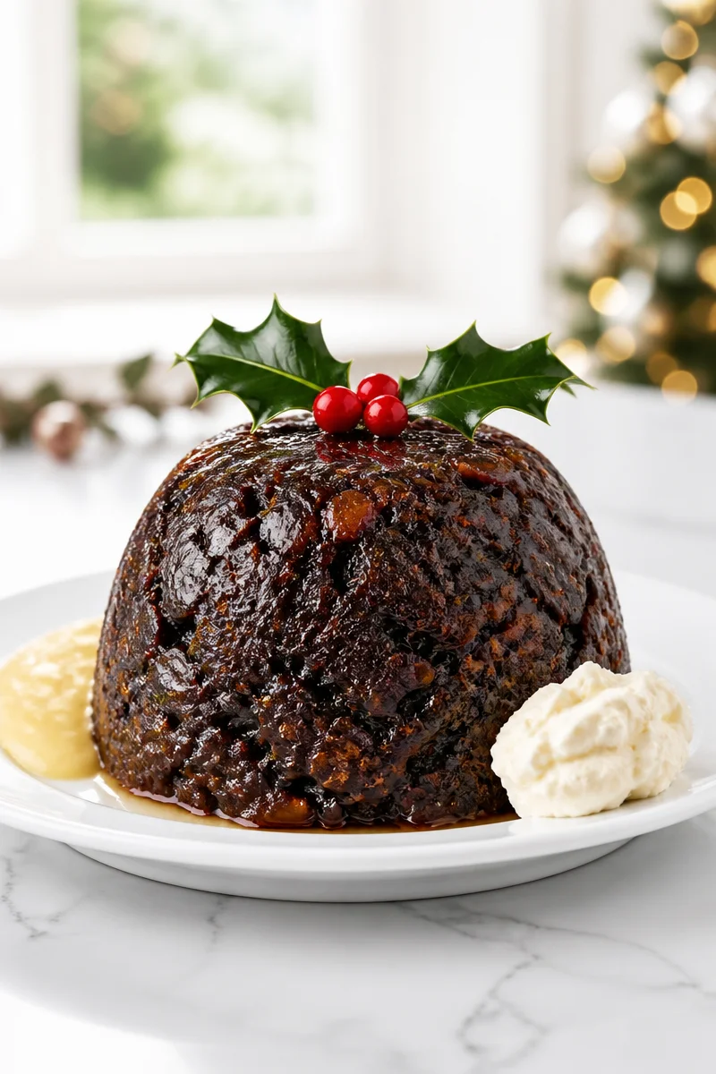 Classic Traditional English Christmas Pudding garnished with holly and cream