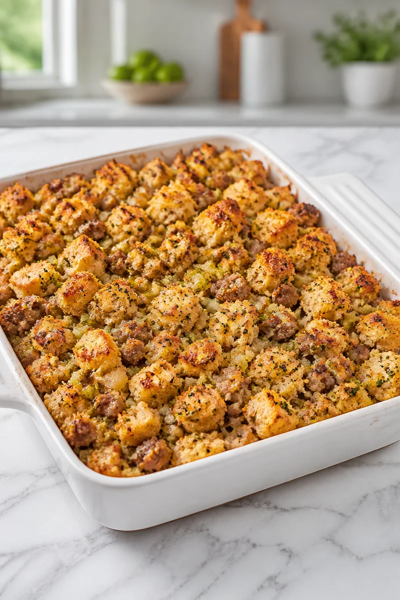 Baked cornbread sausage dressing casserole served in a dish