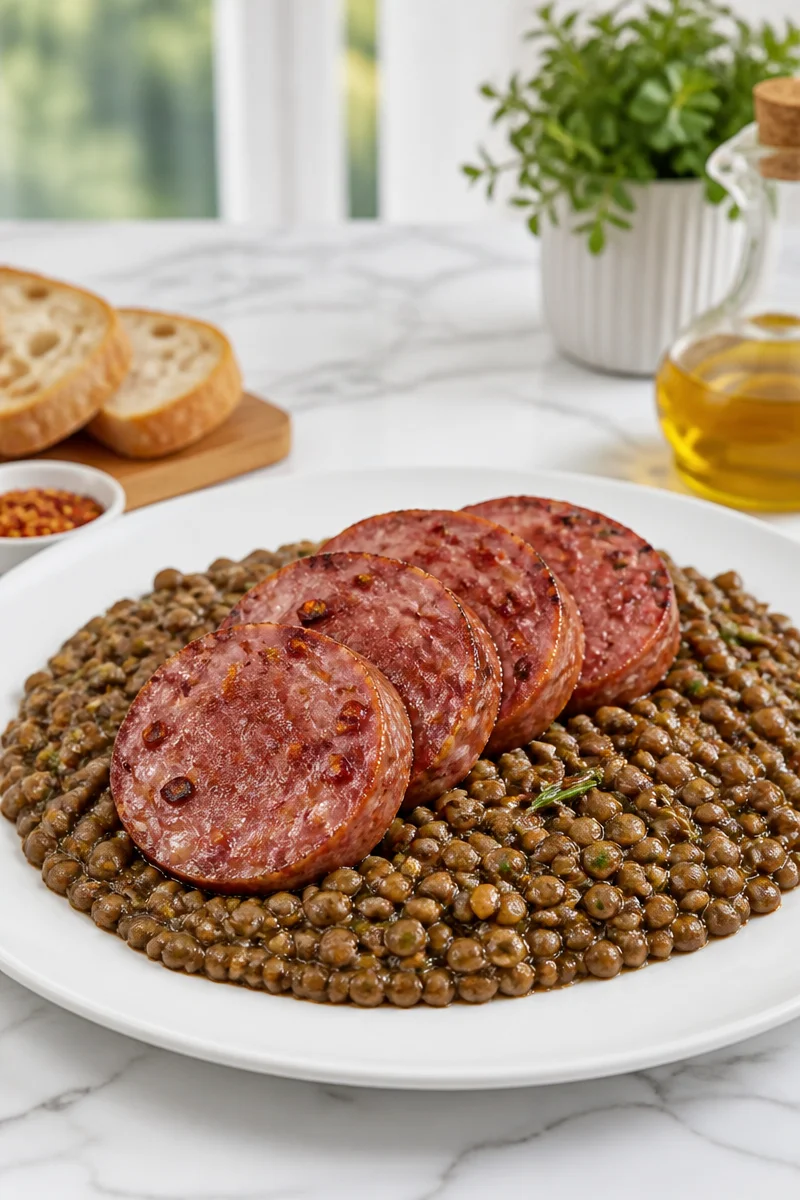 Delicious Cotechino with Lentils served for New Year's celebration