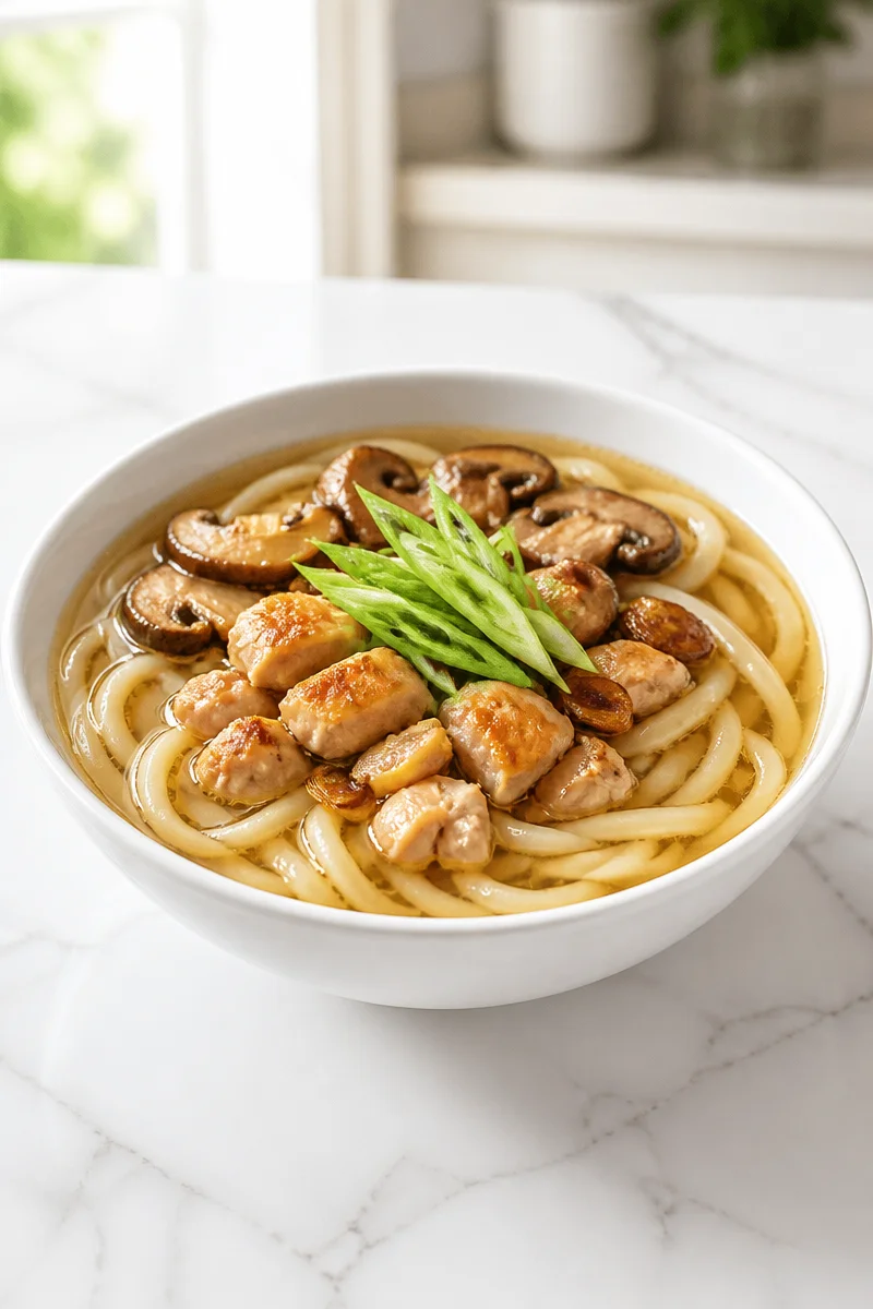 Cozy chicken udon noodle soup bowl with fresh ingredients