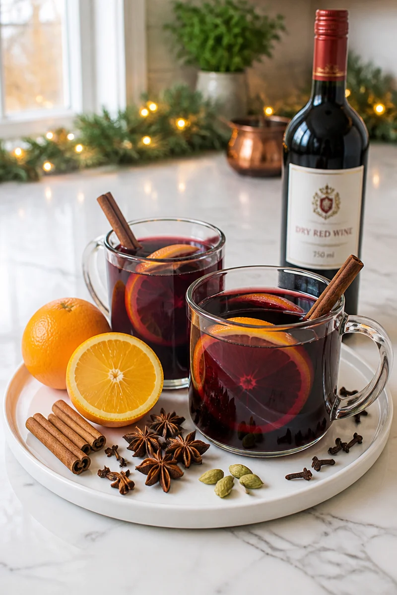 Cozy German Glühwein mulled wine in a festive mug with spices
