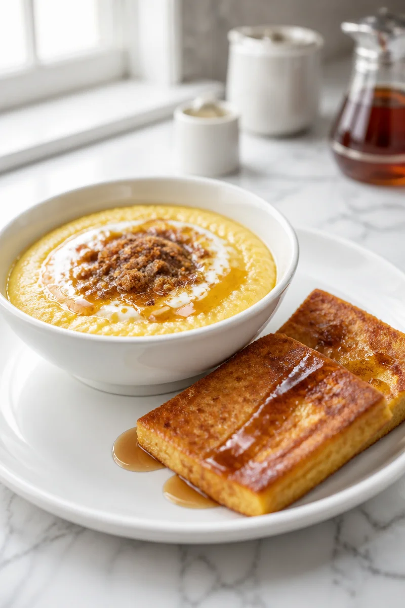 Bowl of cozy New England hasty pudding topped with cinnamon and a sprinkle of sugar.