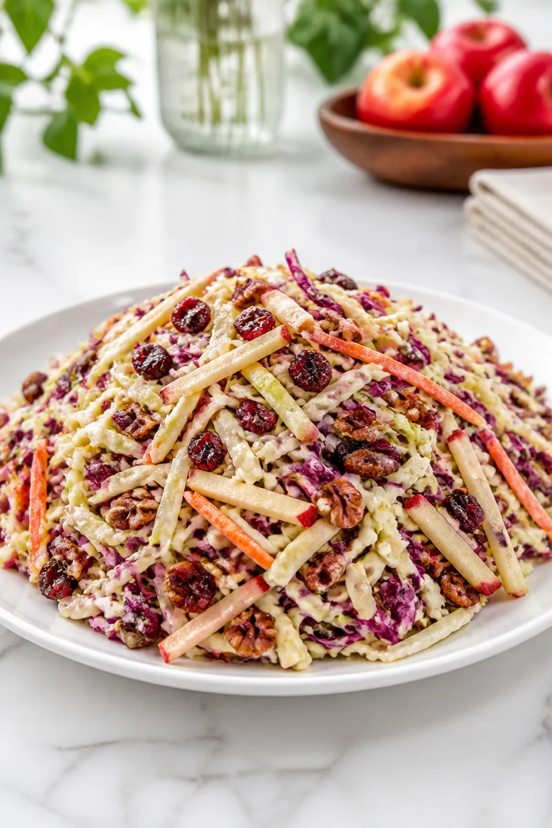 Bowl of vibrant Cranberry Apple Slaw with sliced apples and cranberries