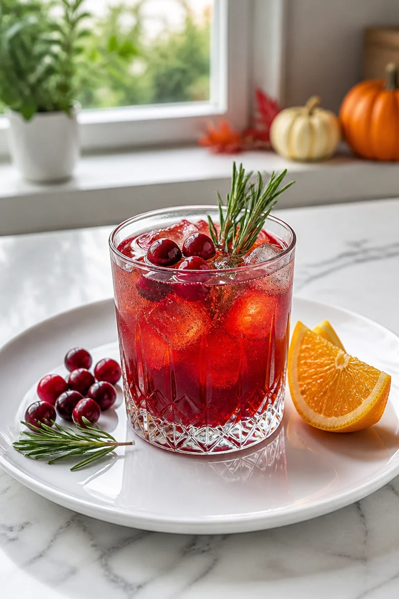 Cranberry Bourbon Smash cocktail served in a festive glass with cranberries and bourbon