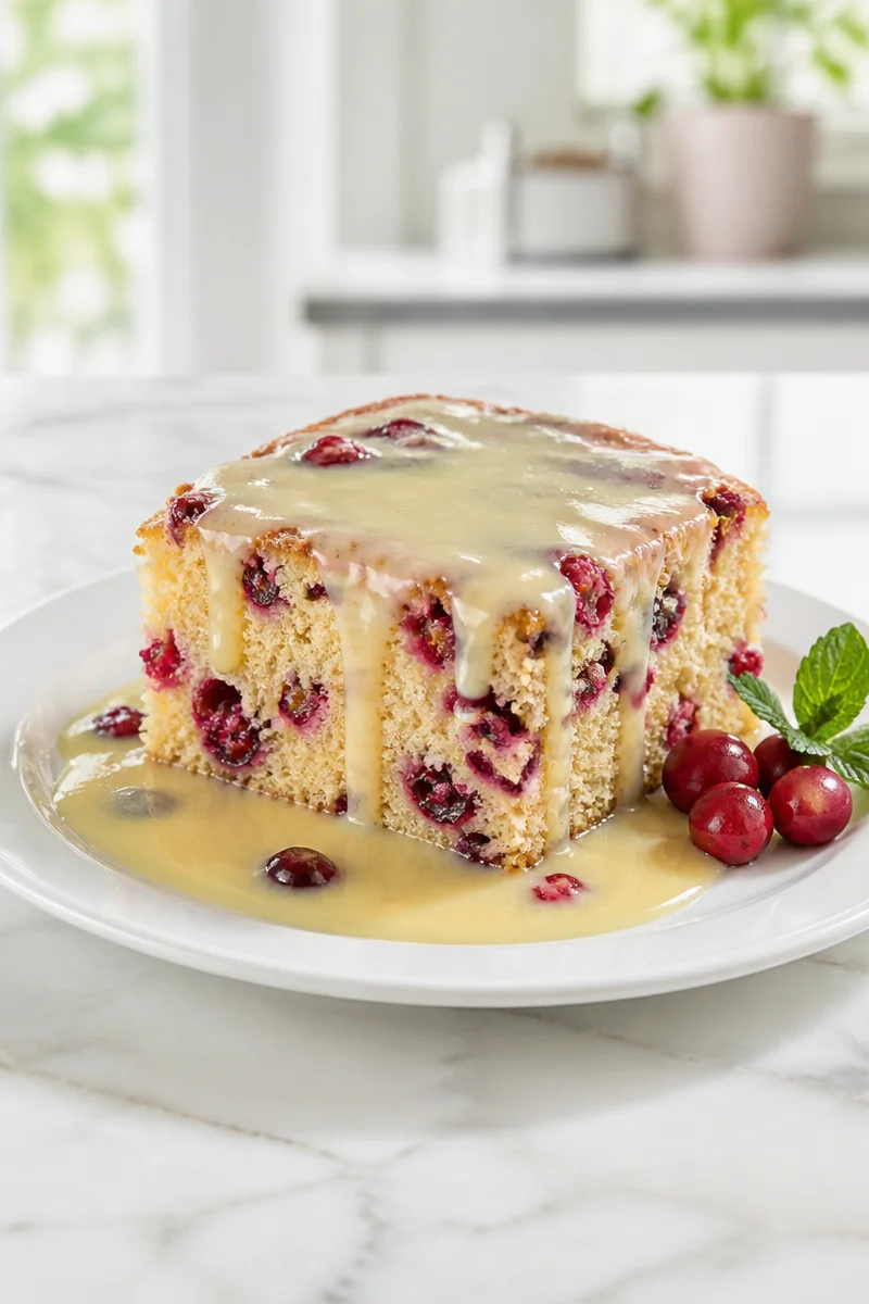 Cranberry cake served with warm butter sauce on a white plate