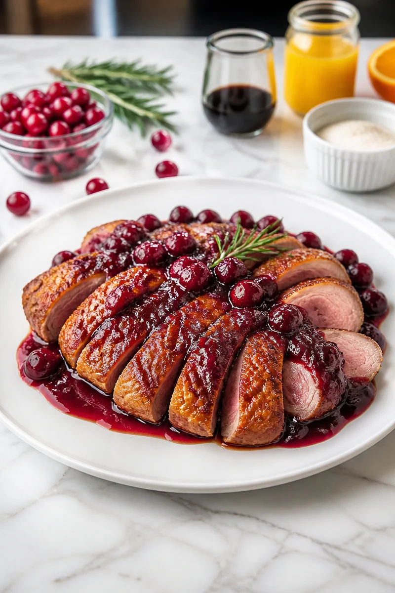 Cranberry glazed duck breast skillet served with garnish