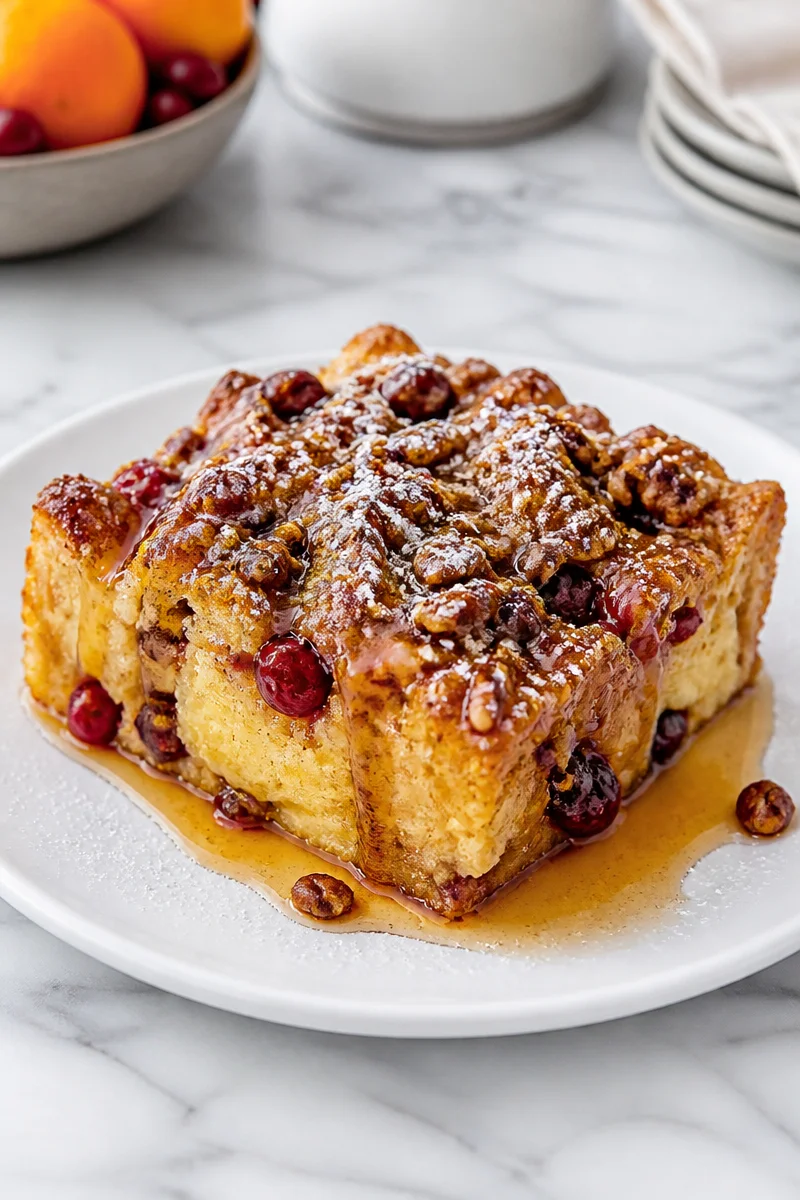 Cranberry Orange French Toast Bake served in a dish with fresh cranberries and orange slices