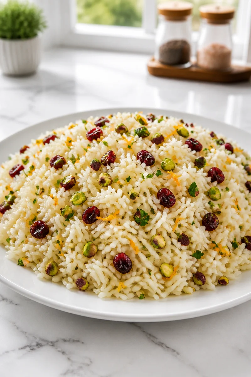 Cranberry Pistachio Rice Pilaf garnished with fresh herbs and nuts