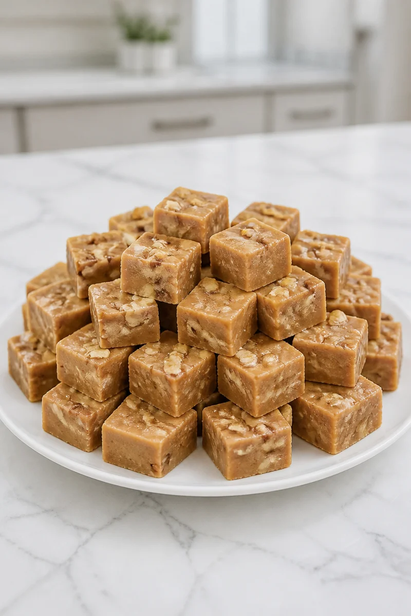 Delicious creamy brown sugar penuche topped with walnuts on a plate