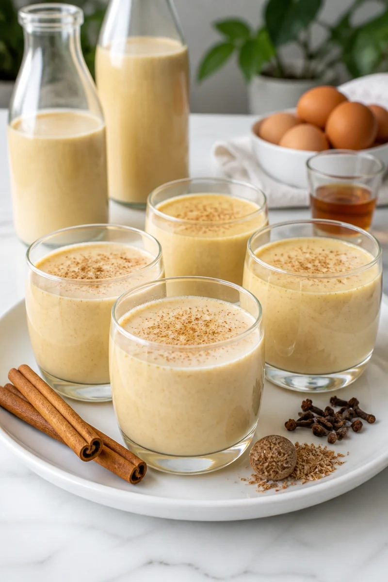 Creamy homemade Rompope Mexican eggnog in a festive glass with garnish