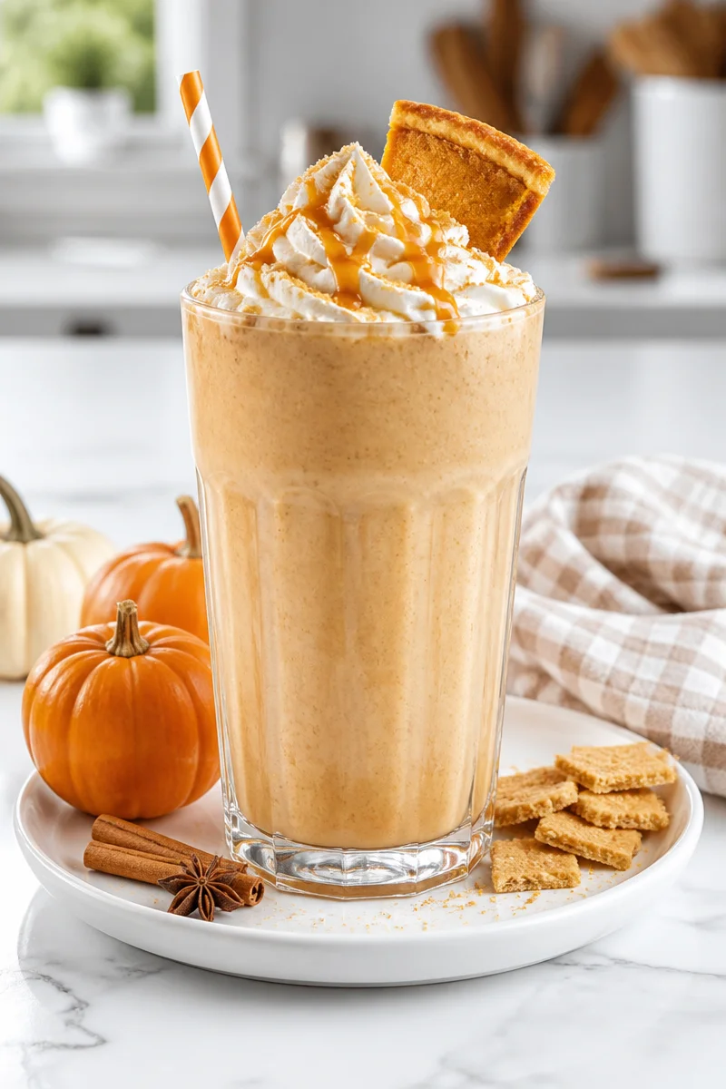 Creamy pumpkin pie milkshake in a glass topped with whipped cream and cinnamon