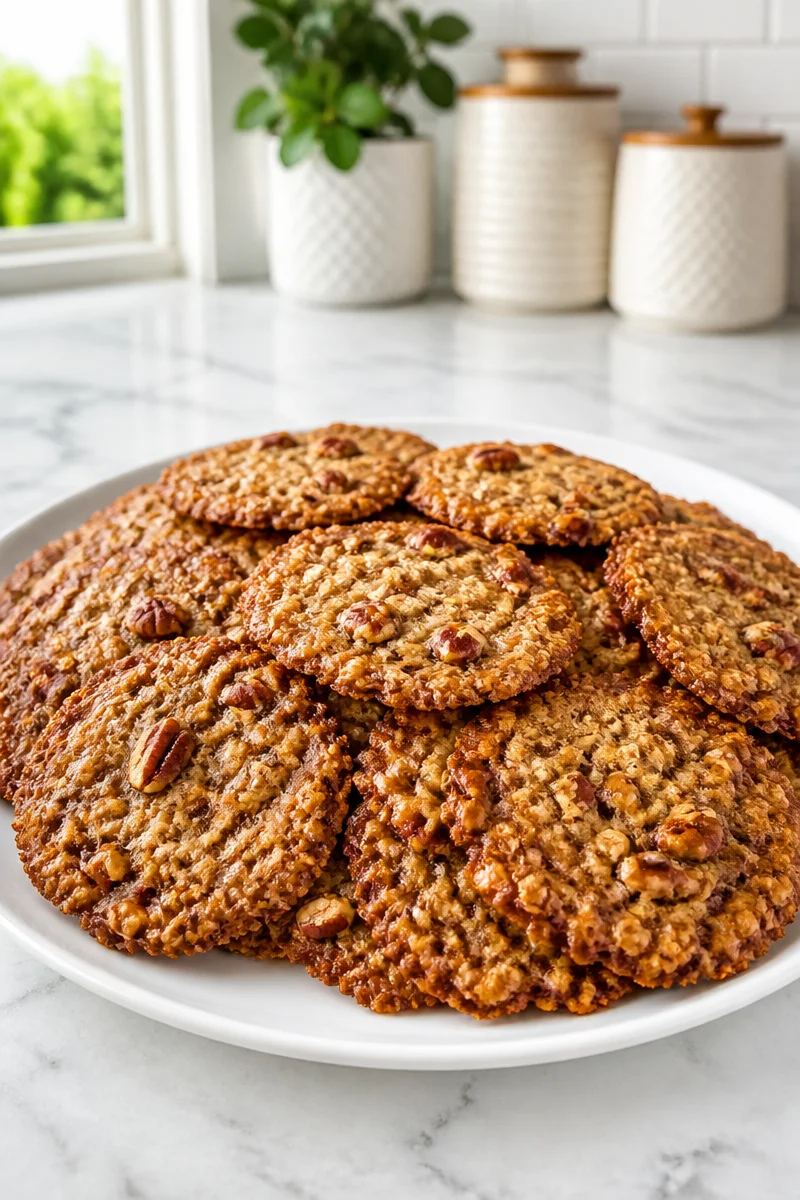 Crisp oatmeal lace cookies with pecans on a plate, showcasing their crunchy texture.