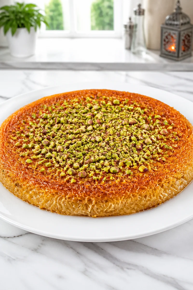 Crispy cheese knafeh topped with sweet syrup, a delicious Middle Eastern treat
