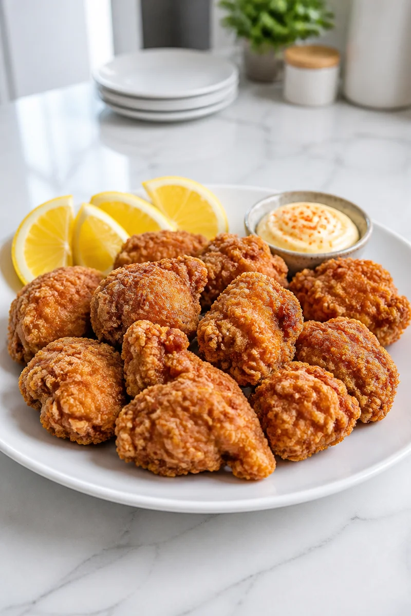 Crispy Japanese Karaage Fried Chicken on a plate with dipping sauce