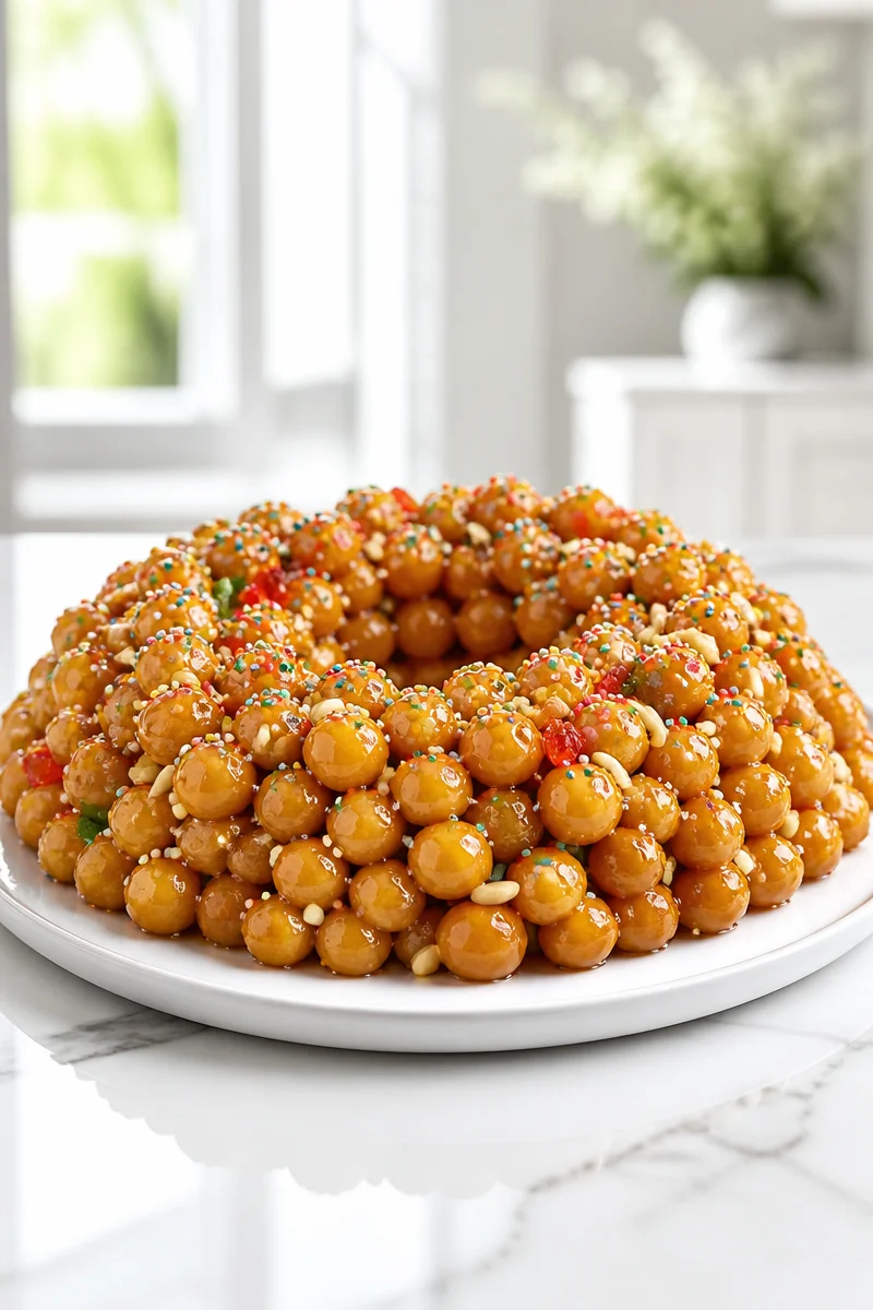 Crispy Pignolata Sicilian Honey Balls drizzled with honey