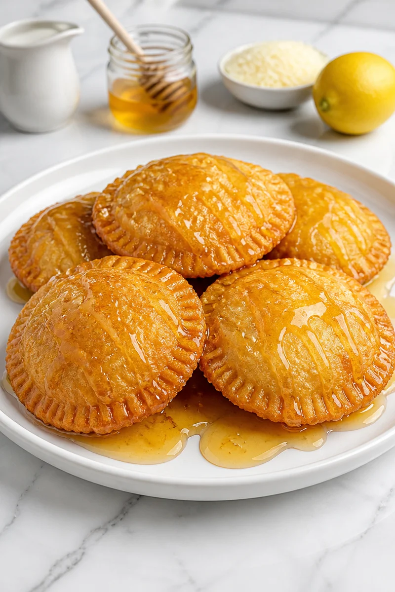 Crispy Sardinian Sebadas drizzled with honey served on a plate
