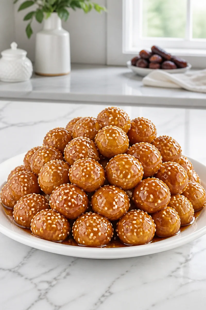 Crispy luqaimat dumplings with date syrup on a plate