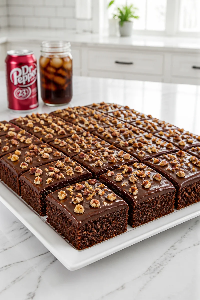 Delicious Dr Pepper Cake topped with rich fudgy frosting