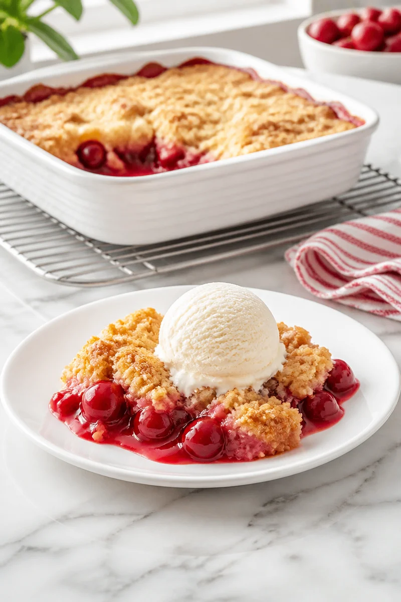 Easy cherry dump cake dessert topped with cherries and cake mix