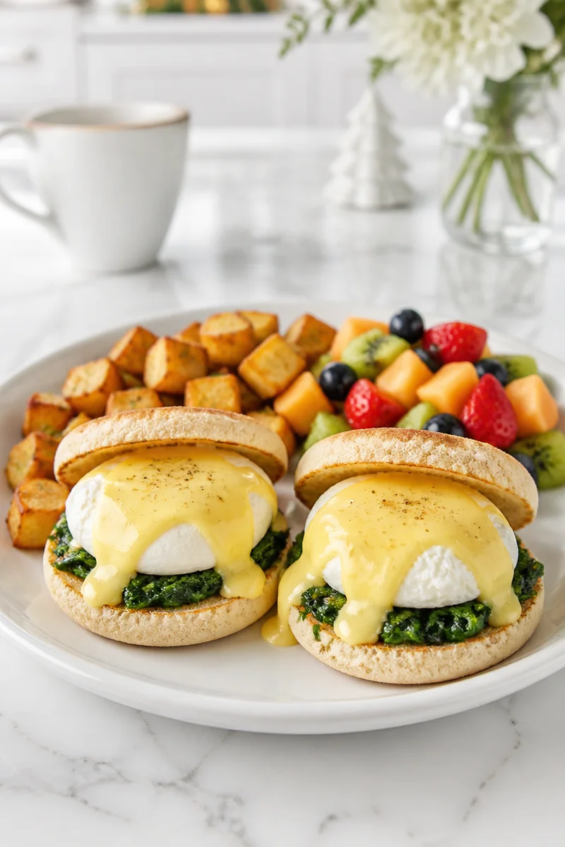 Easy Christmas Brunch Eggs Florentine with spinach and poached eggs.