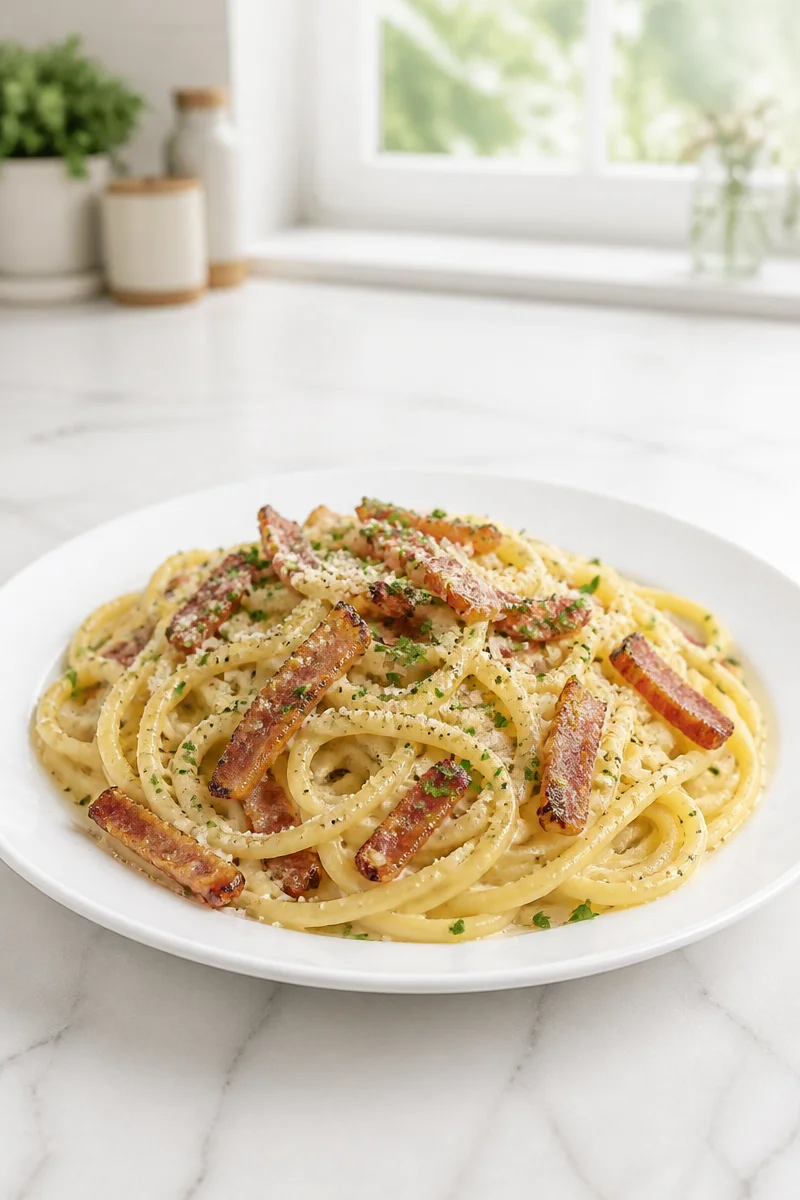 Plate of easy classic spaghetti carbonara with creamy sauce and pancetta